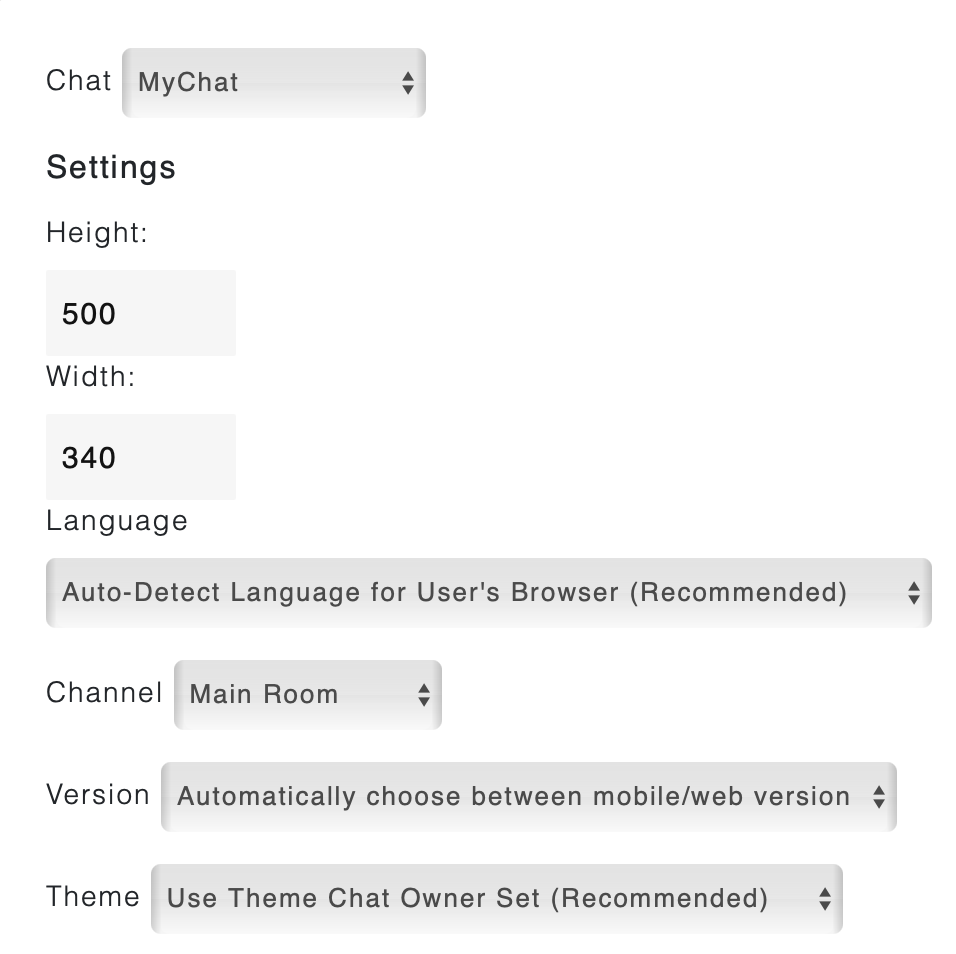 Chat settings in page editor example